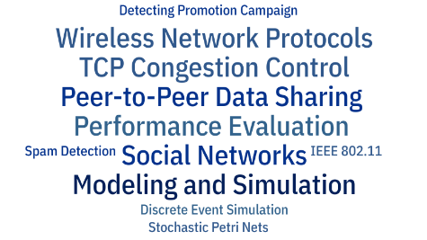 Wordcloud: Modeling and Simulation, Peer-to-Peer Data Sharing, Stochastic Processes, Stochastic Petri Nets, Mobile ad hoc Networks, Performance Evaluation, Wireless Network Protocols, Discrete-Event Simulation, IEEE 802.11 Wireless Networks, TCP Congestion Control